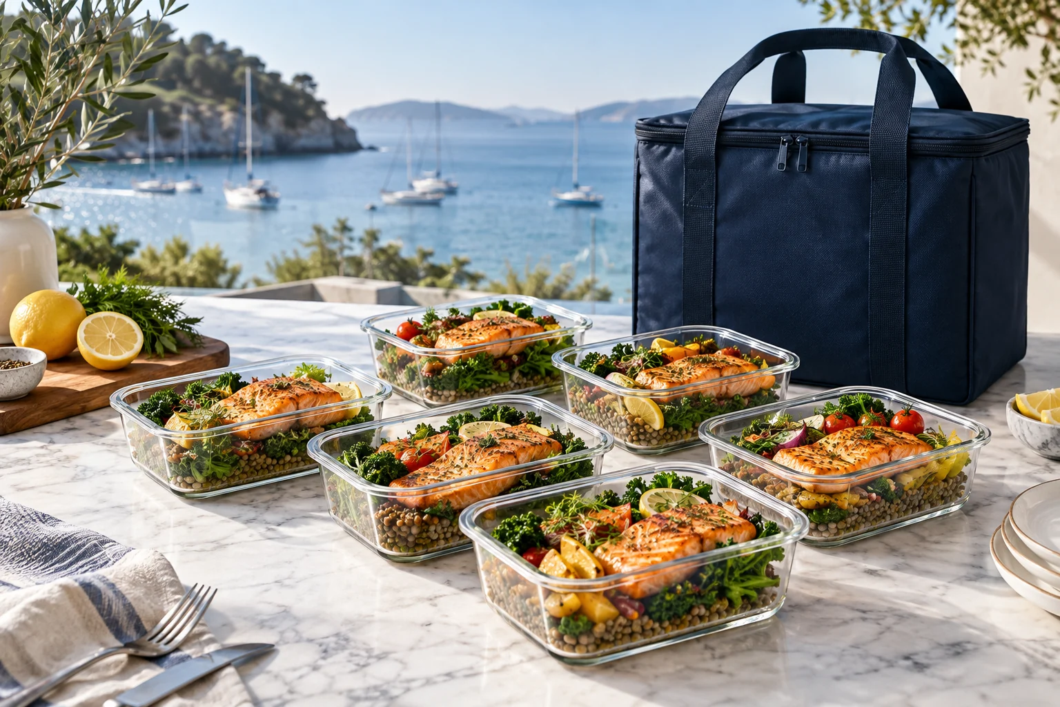 Prepared meals and delivery packaging on a kitchen counter