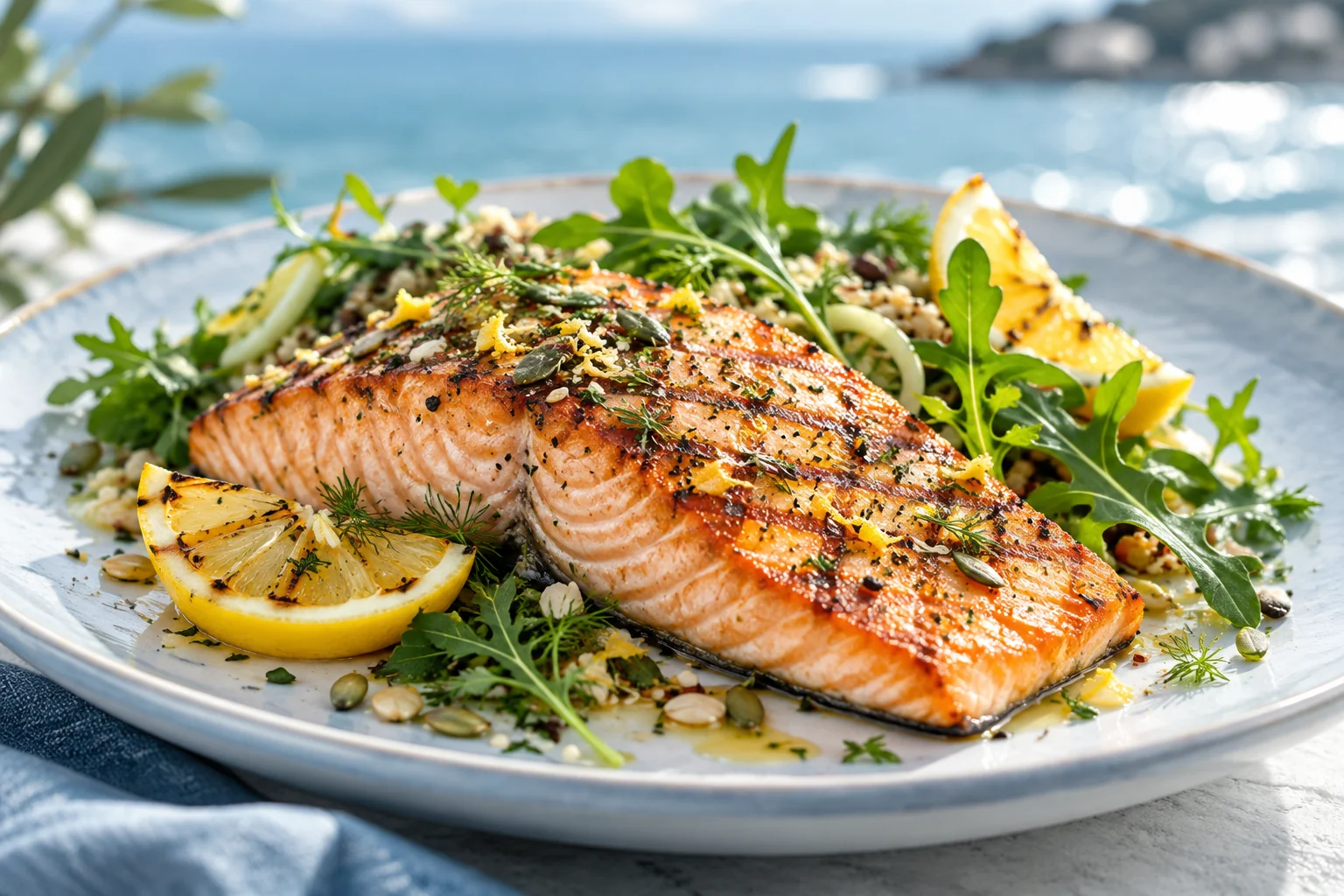 Salmon with lemon on a ceramic plate
